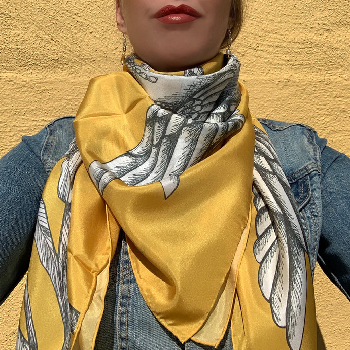 Scarf in 100% Silk - The Signature Collection - Hummingbirds and flowers in mustard yellow - By Geijer