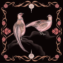 Load image into Gallery viewer, Scarf in 100% Silk - Pink pheasants in black - By Geijer