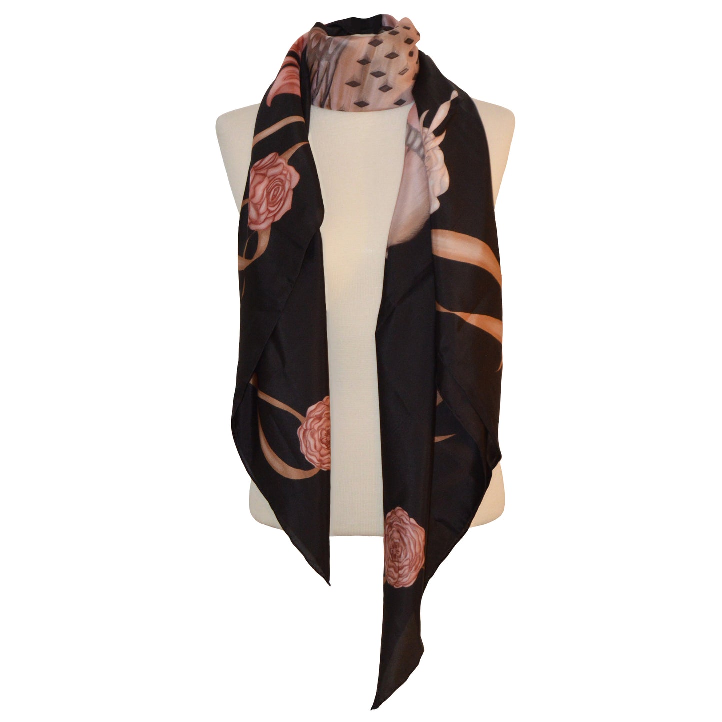 Scarf in 100% Silk - Pink pheasants in black - By Geijer