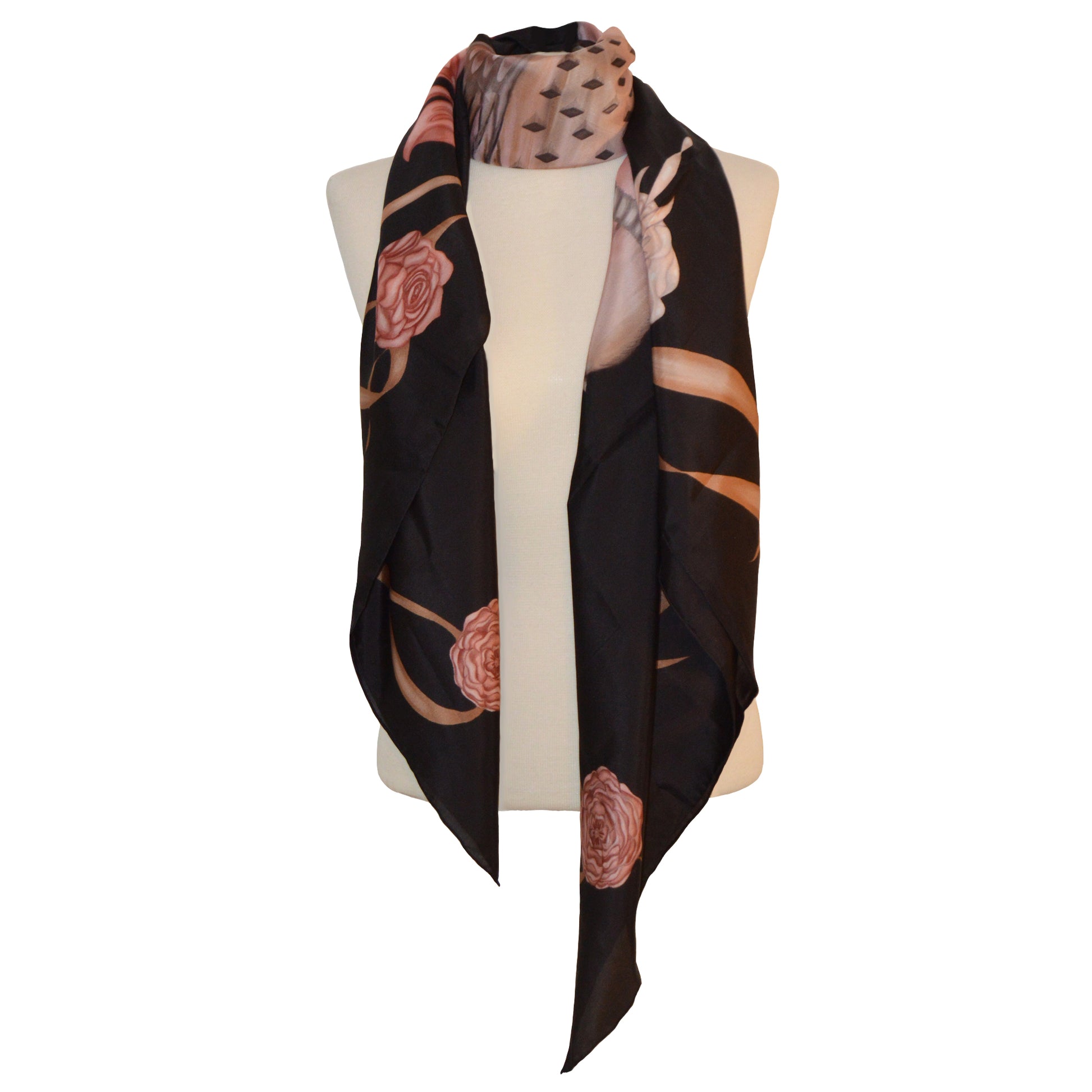 Scarf in 100% Silk - Pink pheasants in black - By Geijer