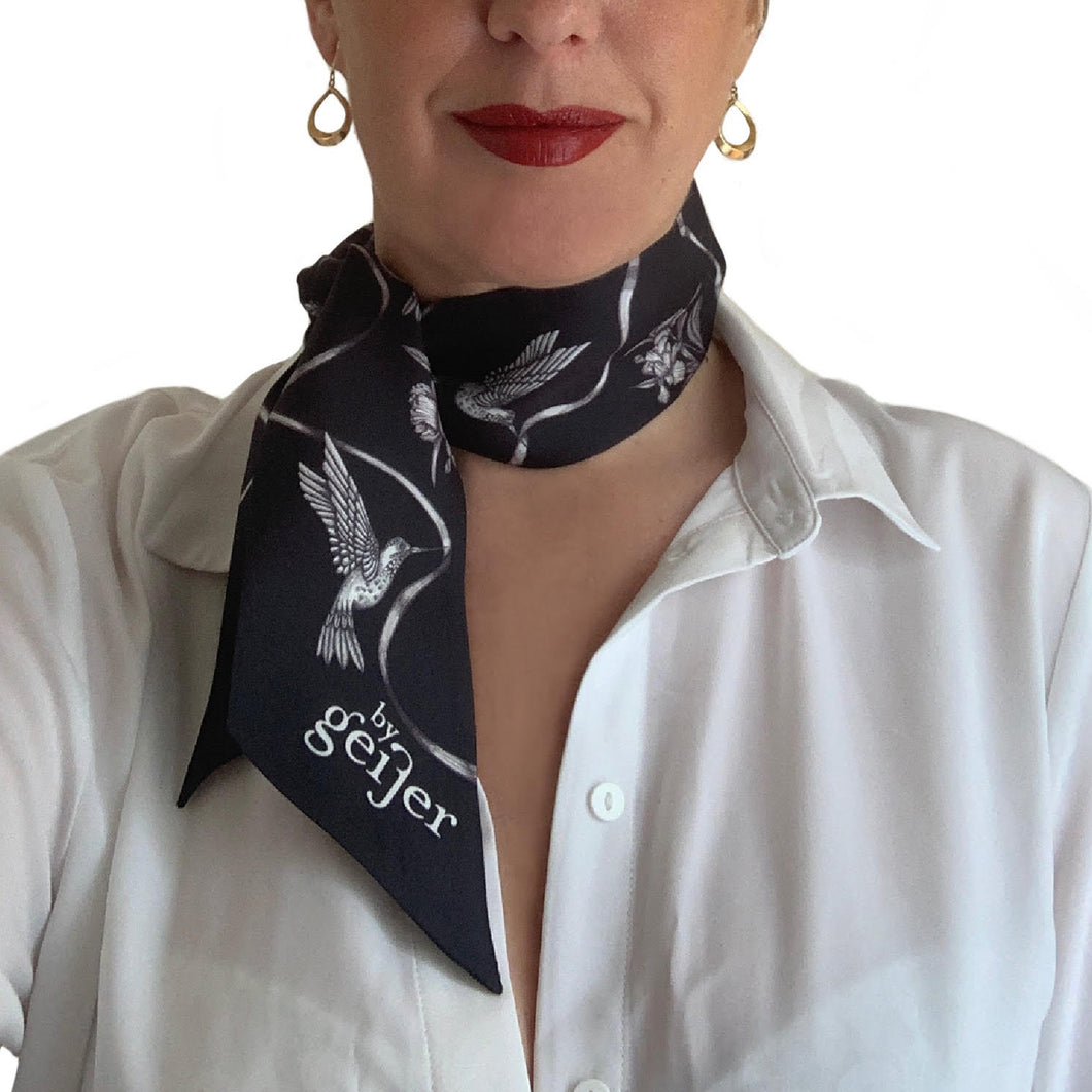 Mini Silk Scarf in black with birds and flowers - By Geijer