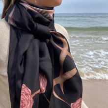 Load image into Gallery viewer, Scarf in 100% Silk - Pink pheasants in black - By Geijer